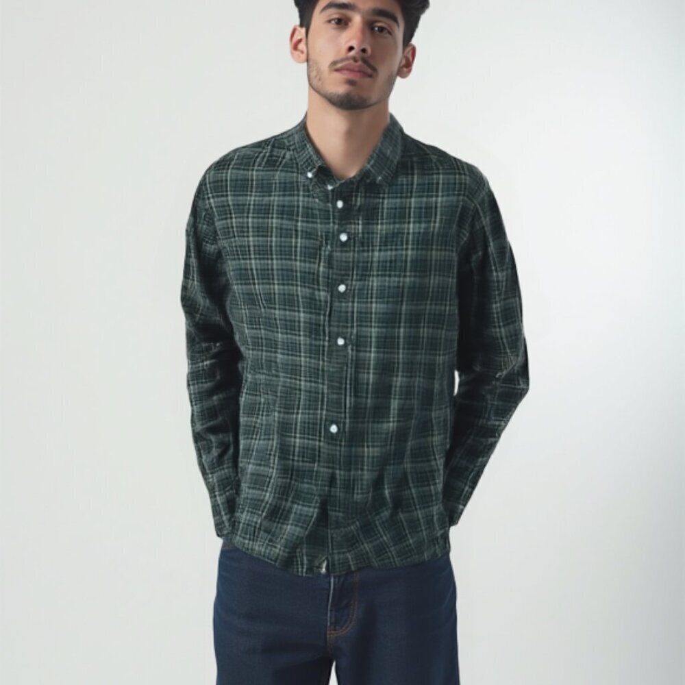 Eddie Bauer Men's L Tall Wrinkle-Free Relaxed Fit Shirt Green Plaid Flannel ❤️